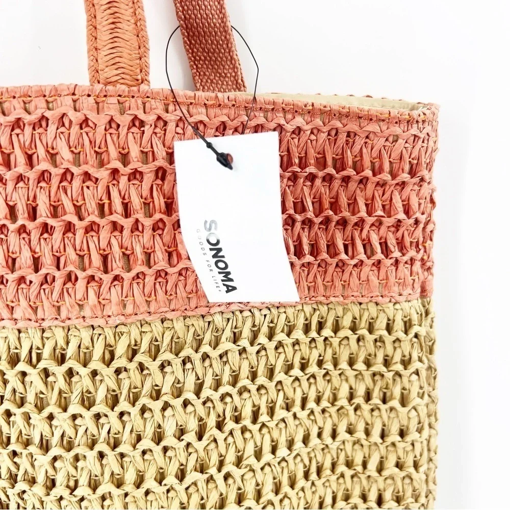 ✅ NWT SONOMA WOVEN BAG TAN/CORAL BEACH BAG‎